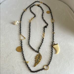 Gaby Rey Gold and Black Bohemian Necklace with Leaf Charm